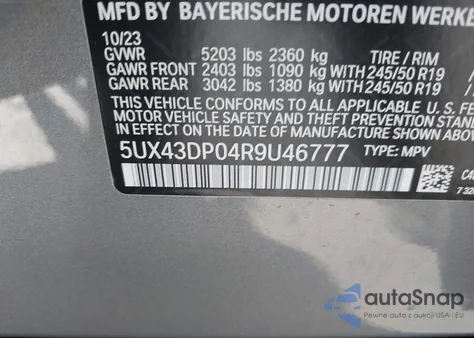 2024 BMW X3 Sdrive30I z USA, uszkodzony, nr VIN 5UX43DP04R9U46777